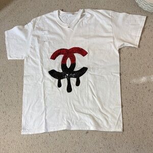 NWOT White Tee with Red and Black Sequin Appliqué Design